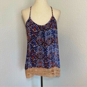 Mossimo Blue Halter Floral Paisley Lace Crochet Key Hole Cut Out Top Size L